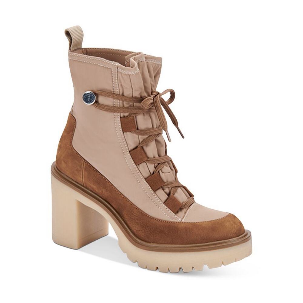 New Dolce Vita Celida Lace-Up Lug Sole Hiker Booties Tan Multi Nylon Size 6.5